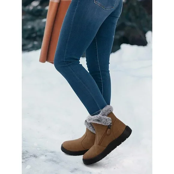 Women's Snow Boot Warm Ankle Fur Lined Booties Insulated Shoes Light Brown - Picture 2 of 6